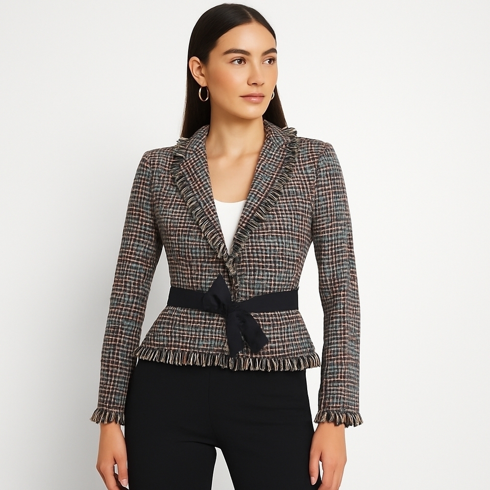 💙 Cache Vintage 90's Tweed Belted Shoulder Pads Blazer Size 6 Gold Thread